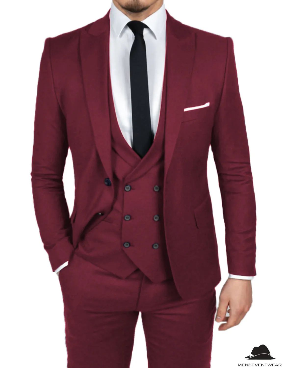 Formal Men's 3 Pieces Flat Slim Fit Peak Lapel Tuxedos Groomsmen (Blazer vest Pants)