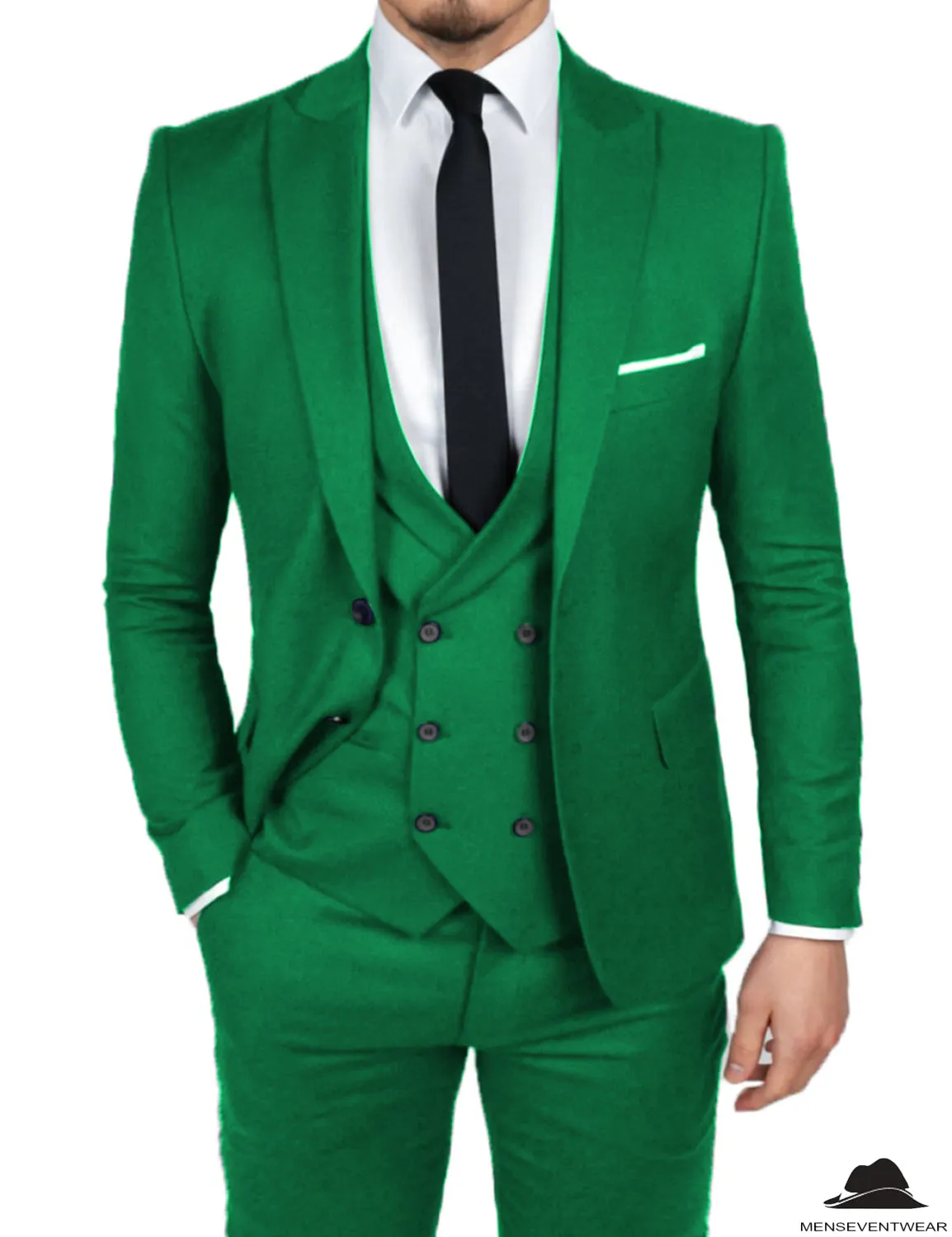 Formal Men's 3 Pieces Flat Slim Fit Peak Lapel Tuxedos Groomsmen (Blazer vest Pants)