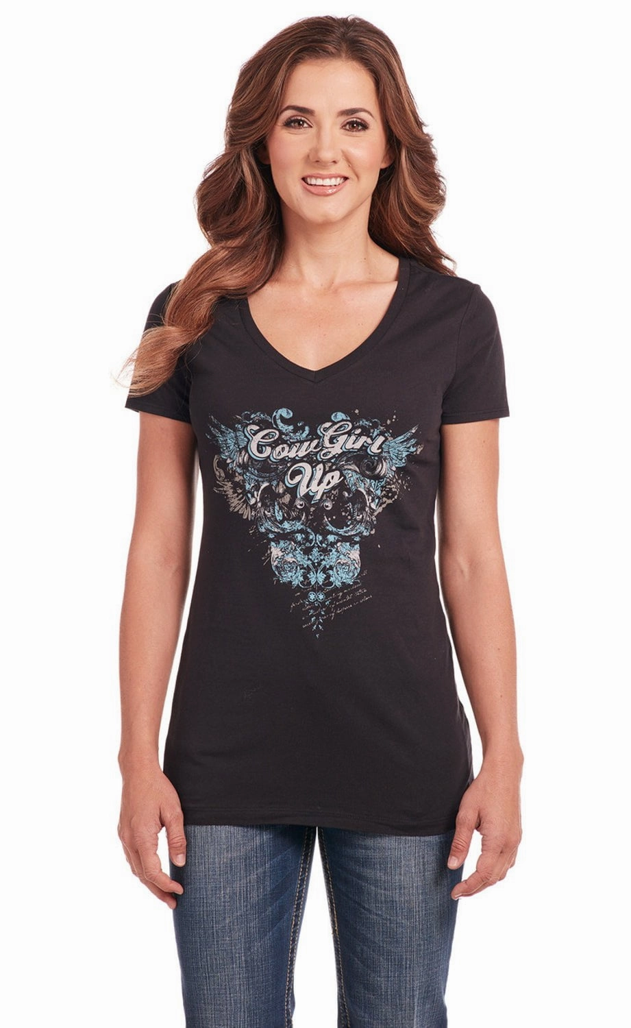 Cowgirl Up Womens Ornate V-Neck Black 100% Cotton S/S T-Shirt Eco-Friendly Choice