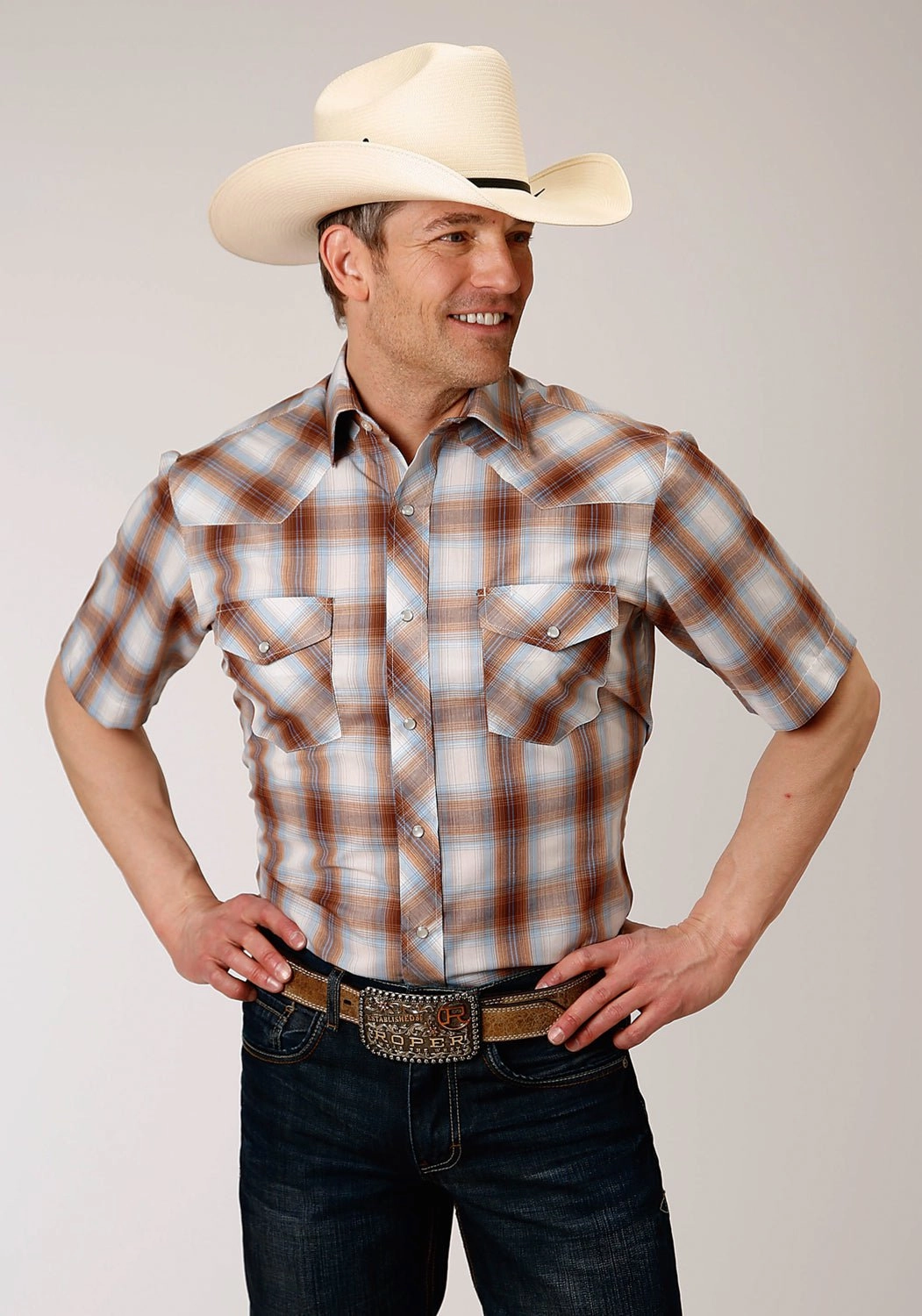 Plus size option Military Inspired Roper Mens Butterscotch Cotton Blend 55/45 Plaid S/S Shirt