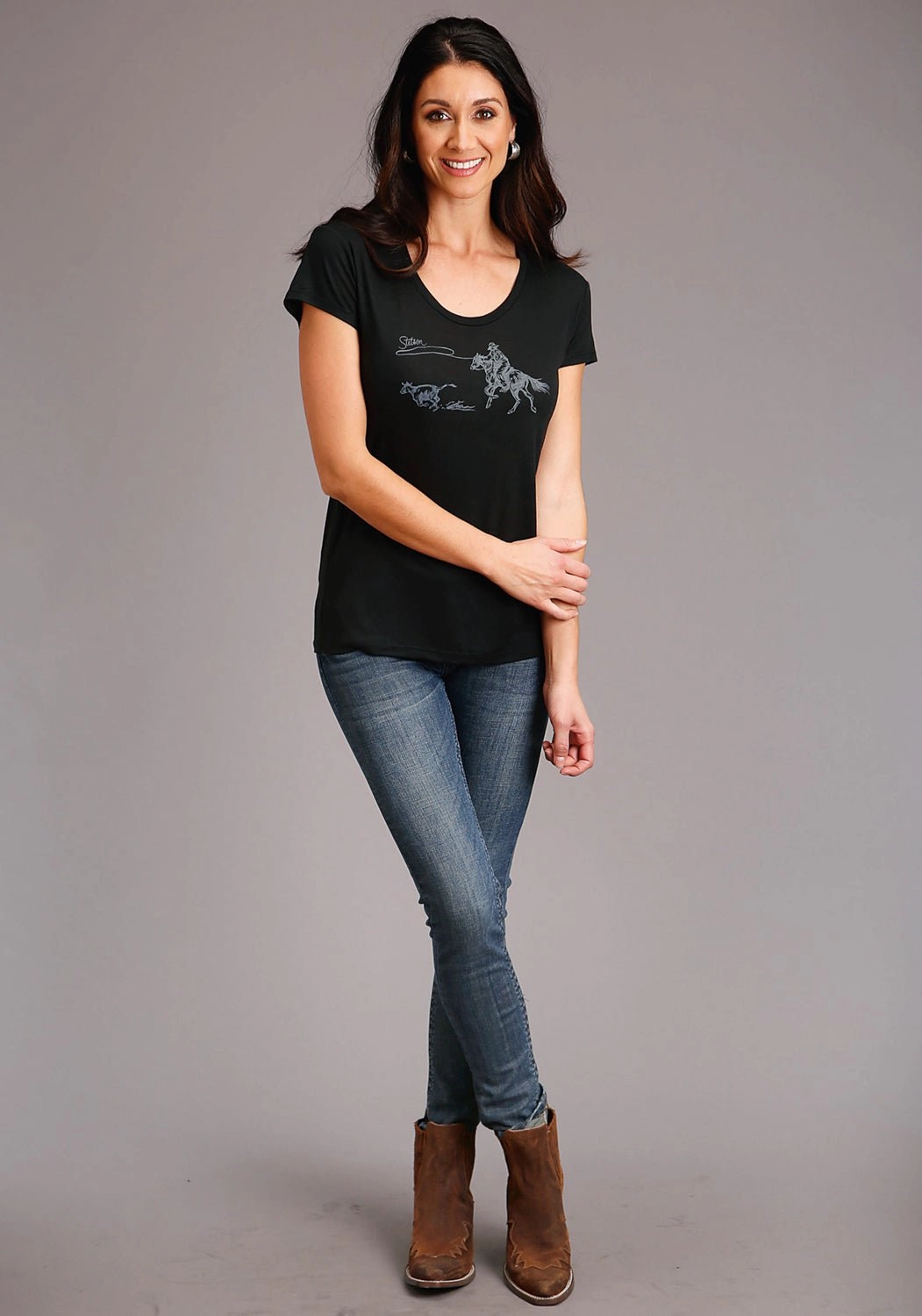 Stetson Womens Black Poly/Rayon Lasso Action S/S T-Shirt Non-irritating Beach Ready