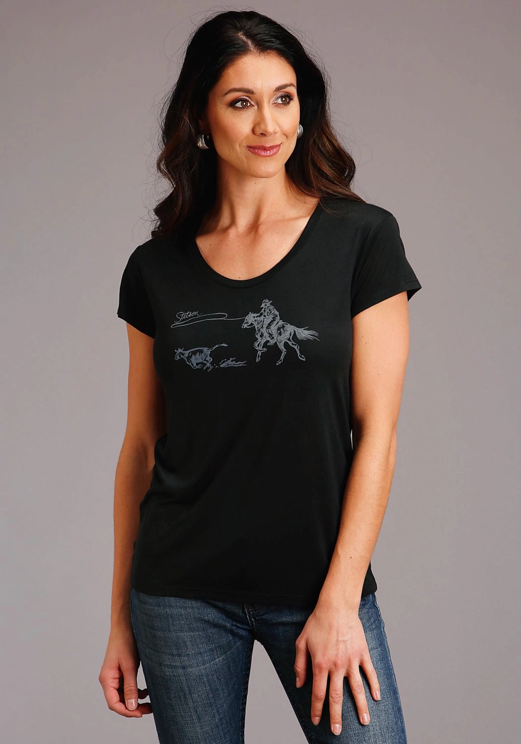 Limited Edition Stetson Womens Black Poly/Rayon Lasso Action S/S T-Shirt