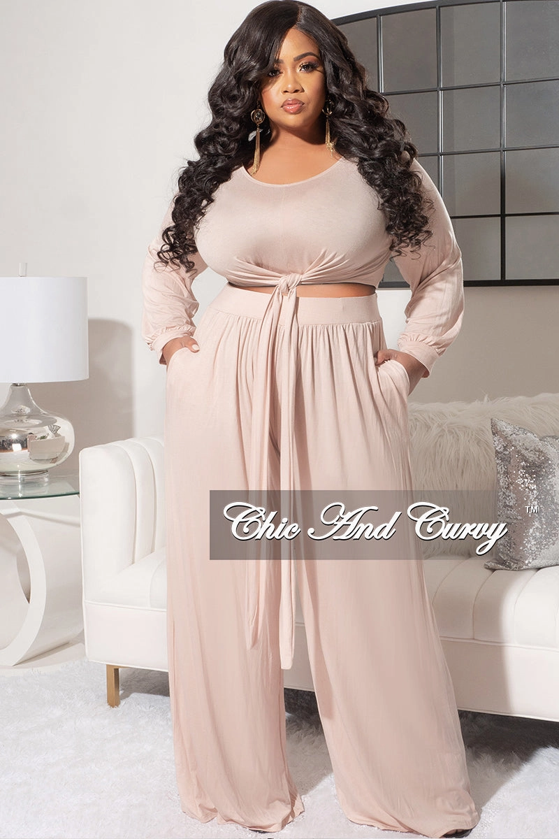 Comfy Material Final Sale Plus Size 2pc Long Sleeve Tie Top and Pants Set in Nude