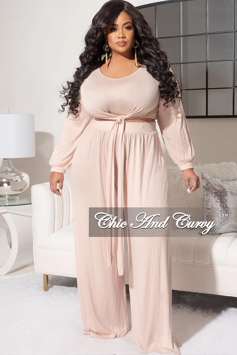 Final Sale Plus Size 2pc Long Sleeve Tie Top and Pants Set in Nude ComfortWaistband
