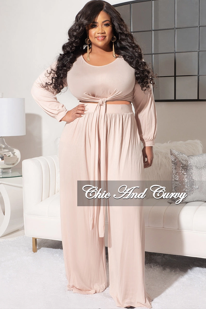 Seasonless wear Final Sale Plus Size 2pc Long Sleeve Tie Top and Pants Set in Nude