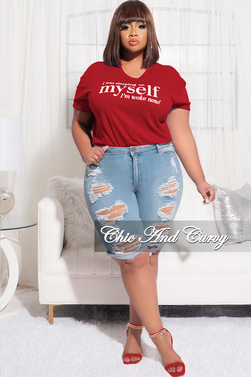 Final Sale Plus Size Short Sleeve Crew Neck I Was Sleeping On Myself I'm Woke Now T-Shirt in Red Slim Look Fit All Season Fit