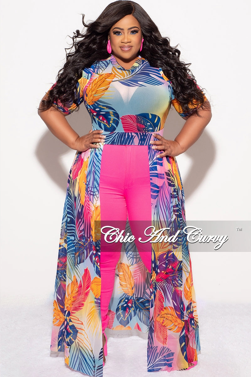 Versatile Fit Breathable Lining Final Sale Plus Size Mesh Top with Train in Multi Color Leaf Print