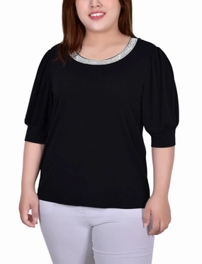 Plus Size Short Beaded Puff Sleeve Top ComfortStretchFit Temperature Regulating Fibers