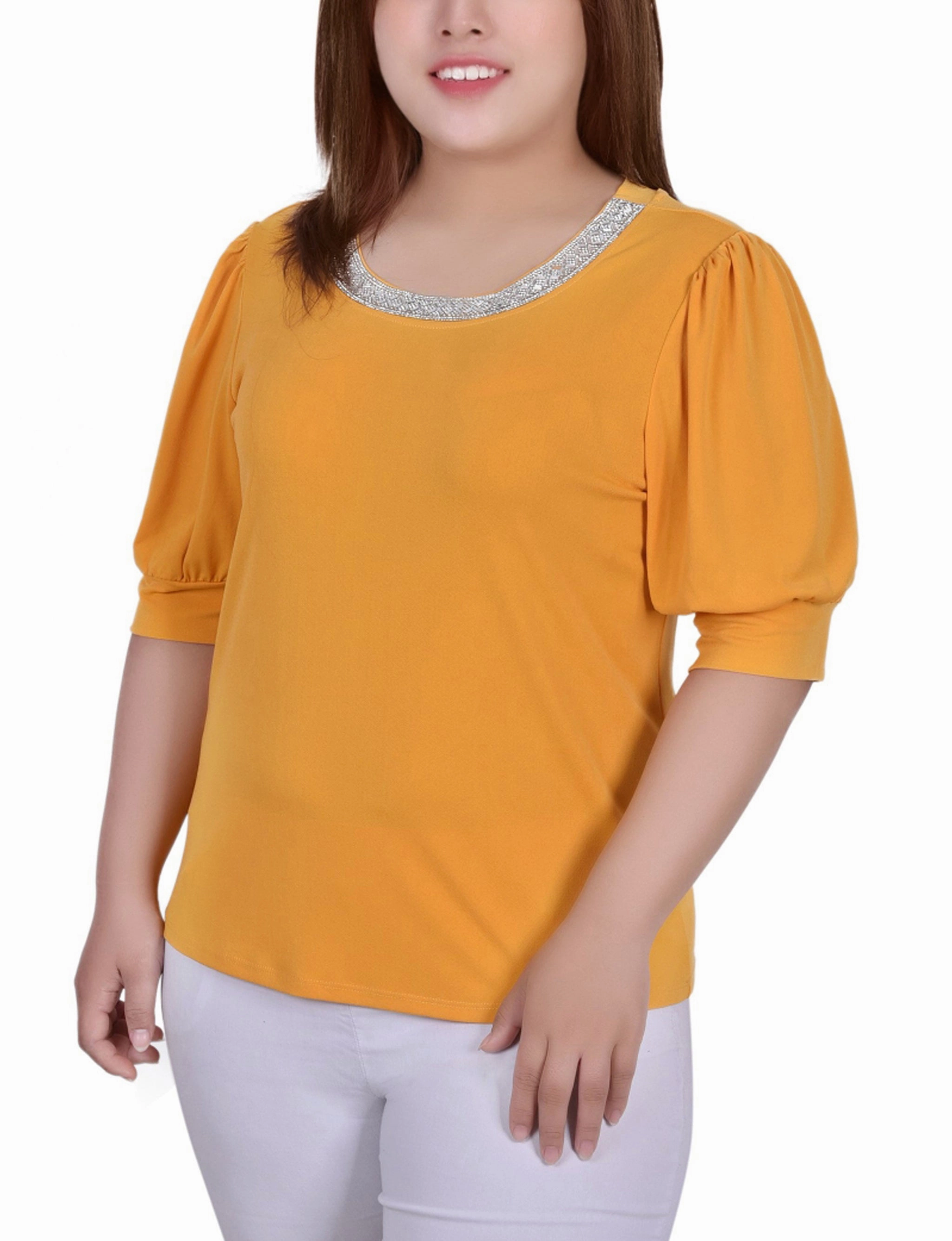 Shrinkage Prevention Treatment NonScratchSurface Plus Size Short Beaded Puff Sleeve Top