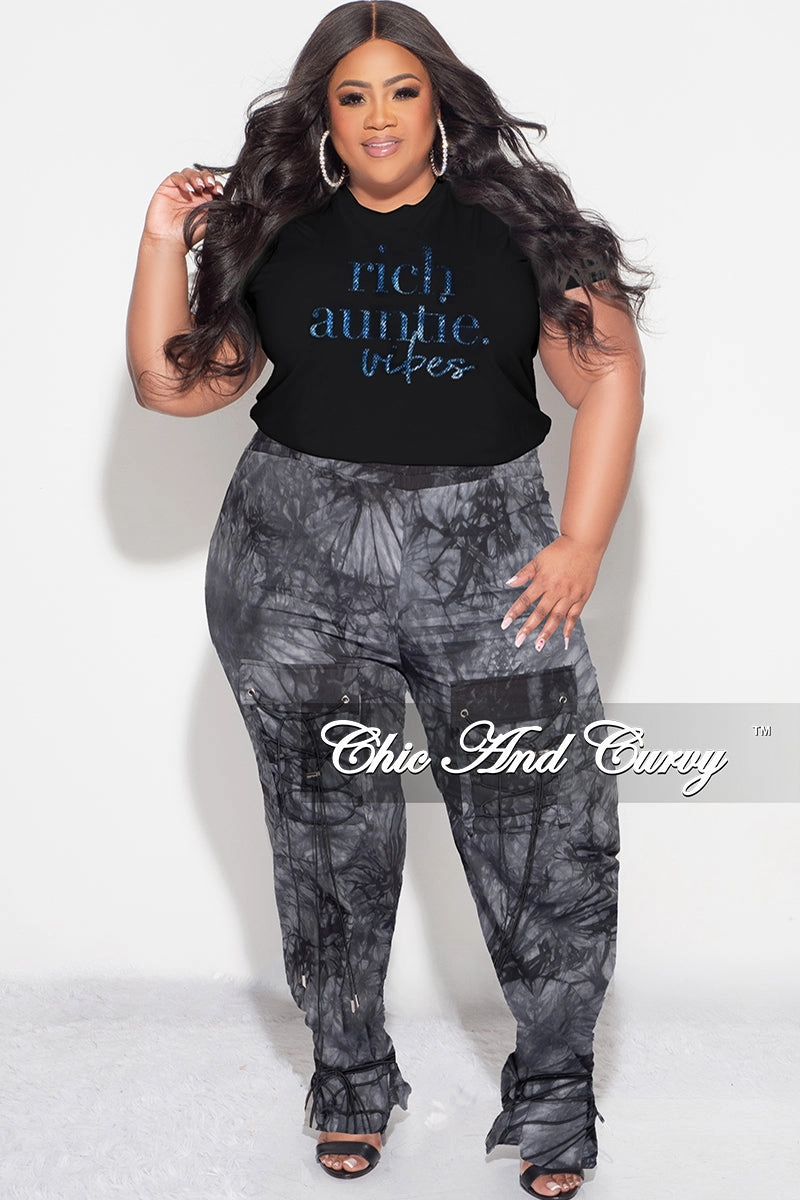 Final Sale Plus Size Sleeveless "Rich Auntie" Graphic Top in Black and Blue Print Lightweight Flex Flexible Knee Panels