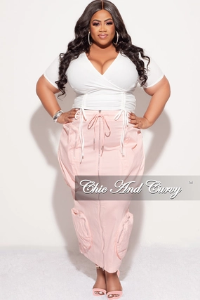 Final Sale Plus Size Ribbed Short Sleeve Faux Wrap Drawstring Top in White (Top Only) Cozy Casual