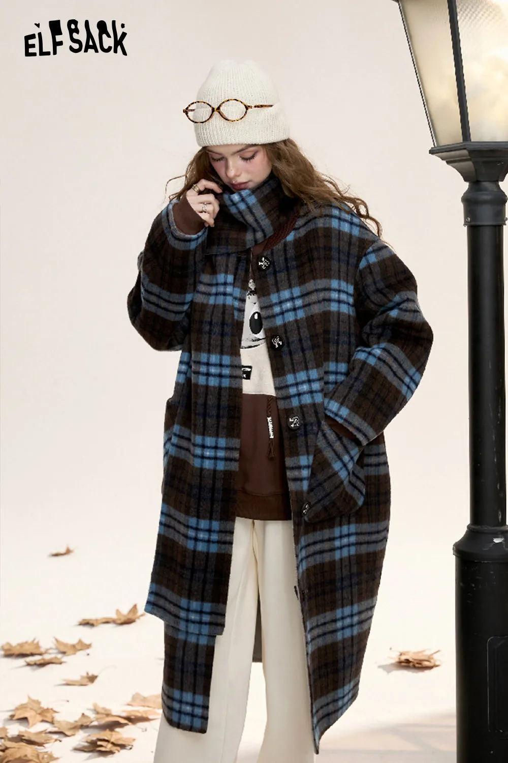 [Free scarf]ELFSACK 2024 Winter New Arrivals Retro plaid long woolen coat for women, double-faced woolen fabric