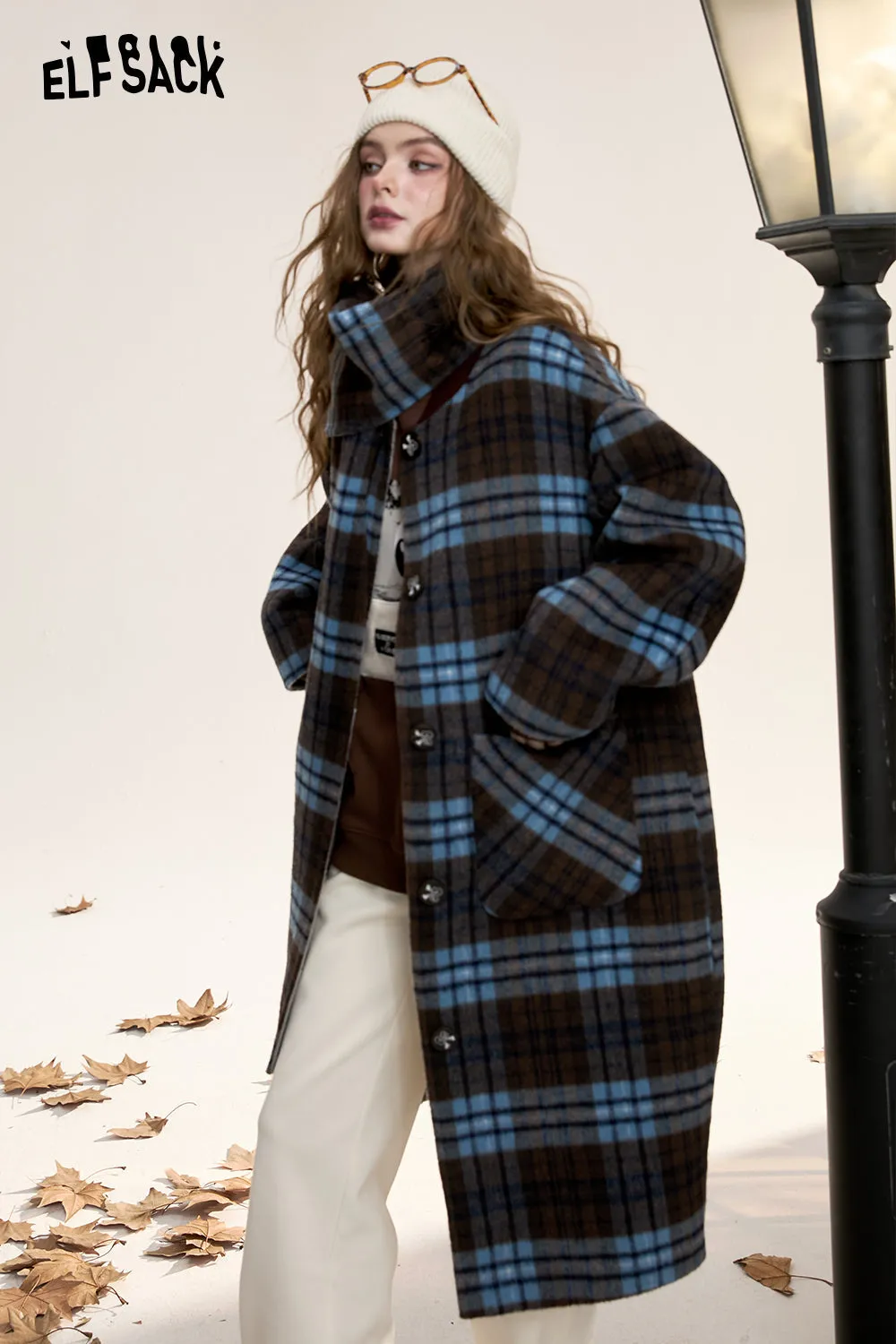 [Free scarf]ELFSACK 2024 Winter New Arrivals Retro plaid long woolen coat for women, double-faced woolen fabric