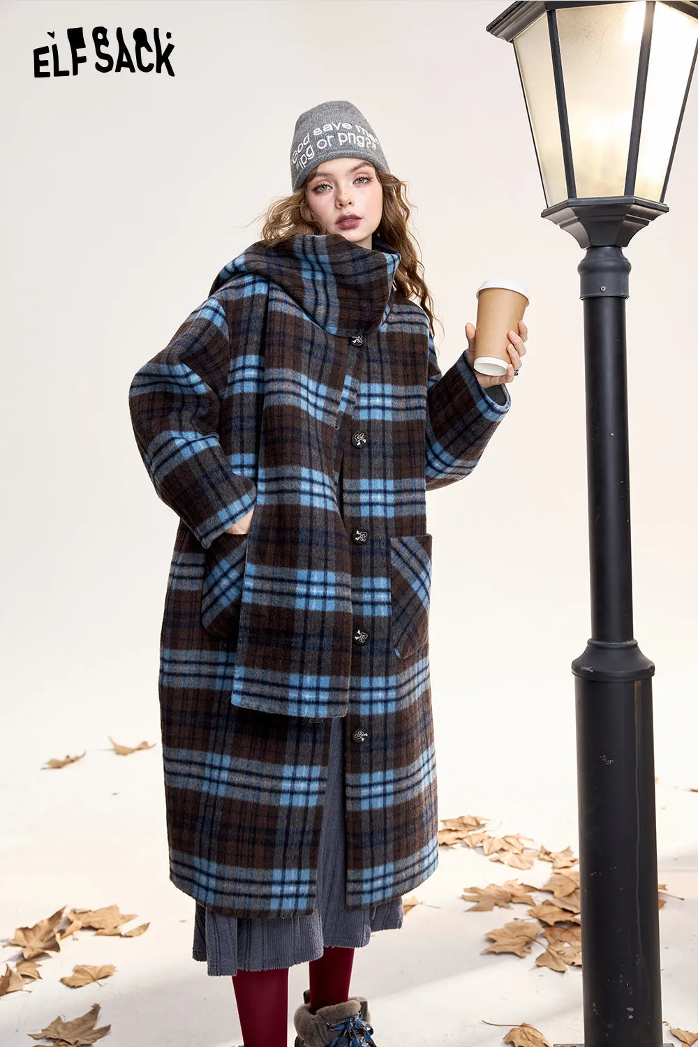 [Free scarf]ELFSACK 2024 Winter New Arrivals Retro plaid long woolen coat for women, double-faced woolen fabric