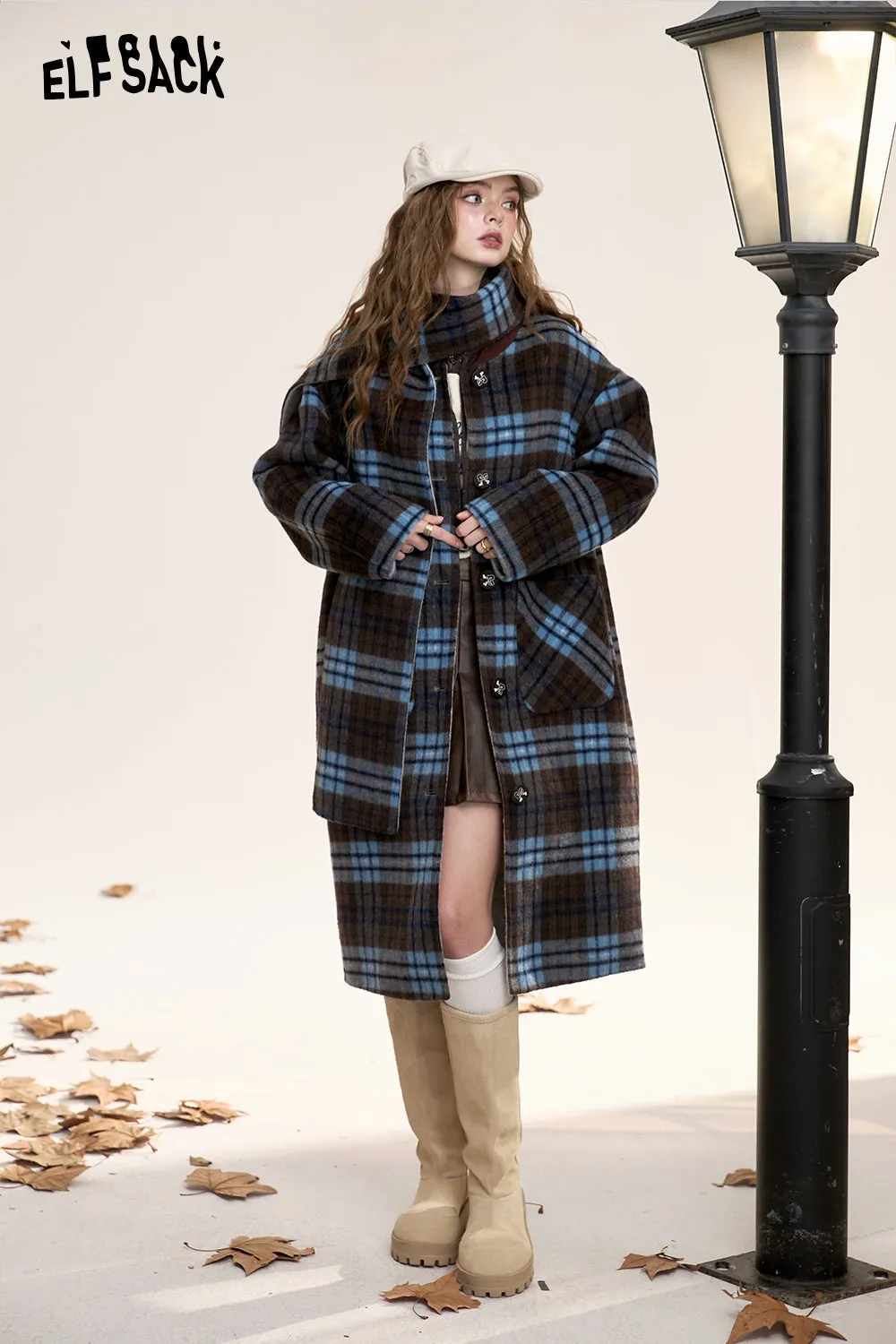 [Free scarf]ELFSACK 2024 Winter New Arrivals Retro plaid long woolen coat for women, double-faced woolen fabric