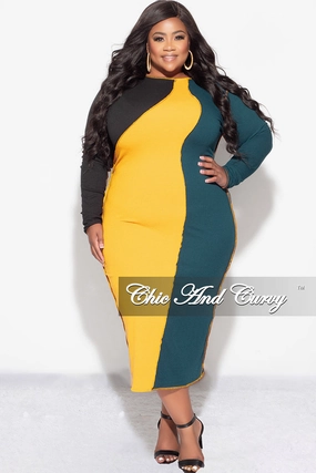 Final Sale Plus Size Ribbed BodyCon Colorblock Midi Dress with Outer Seams in Green Mustard and Black All weather