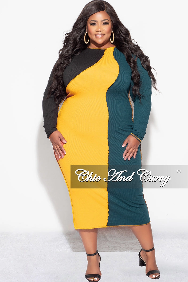 Final Sale Plus Size Ribbed BodyCon Colorblock Midi Dress with Outer Seams in Green Mustard and Black Odor Control Technology