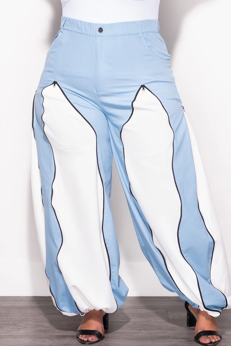 Final Sale Plus Size Color Block Pants in Denim and White Flexible Comfort Wear Slim Silhouette