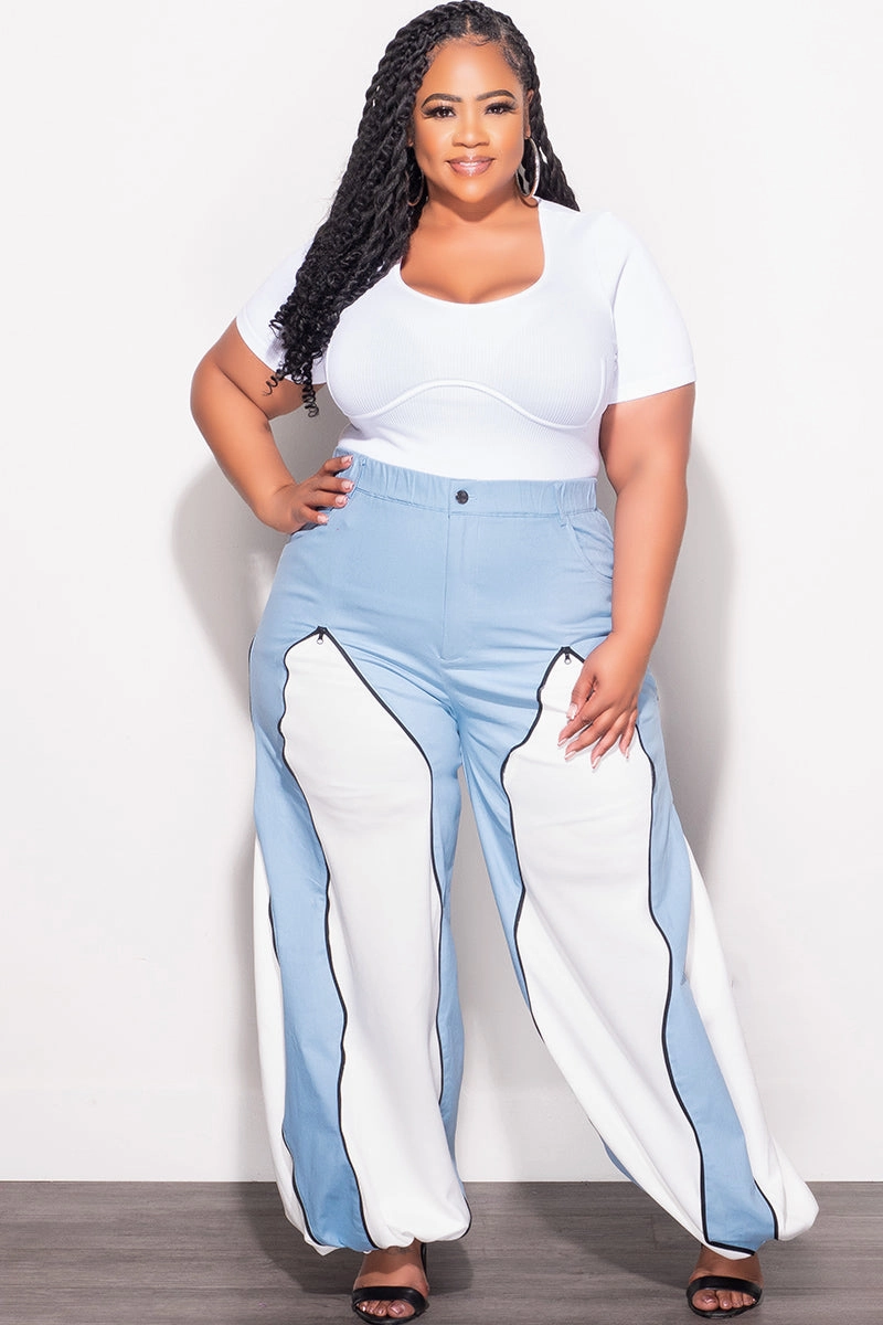 Weekend Style Final Sale Plus Size Color Block Pants in Denim and White