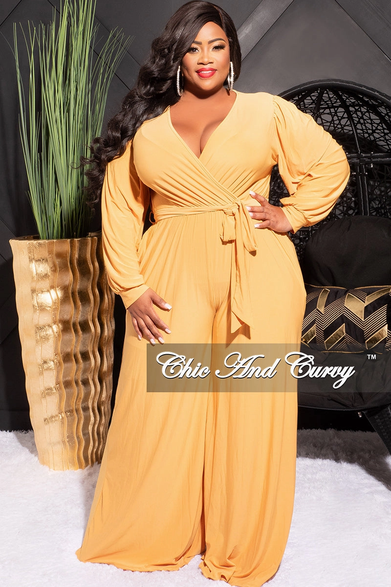 High Waist Stretch Final Sale Plus Size Faux Wrap Jumpsuit with Waist Tie in Mustard