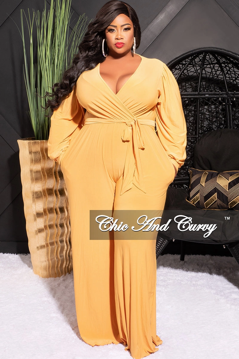 Versatile Look SoftTouchFinish Final Sale Plus Size Faux Wrap Jumpsuit with Waist Tie in Mustard