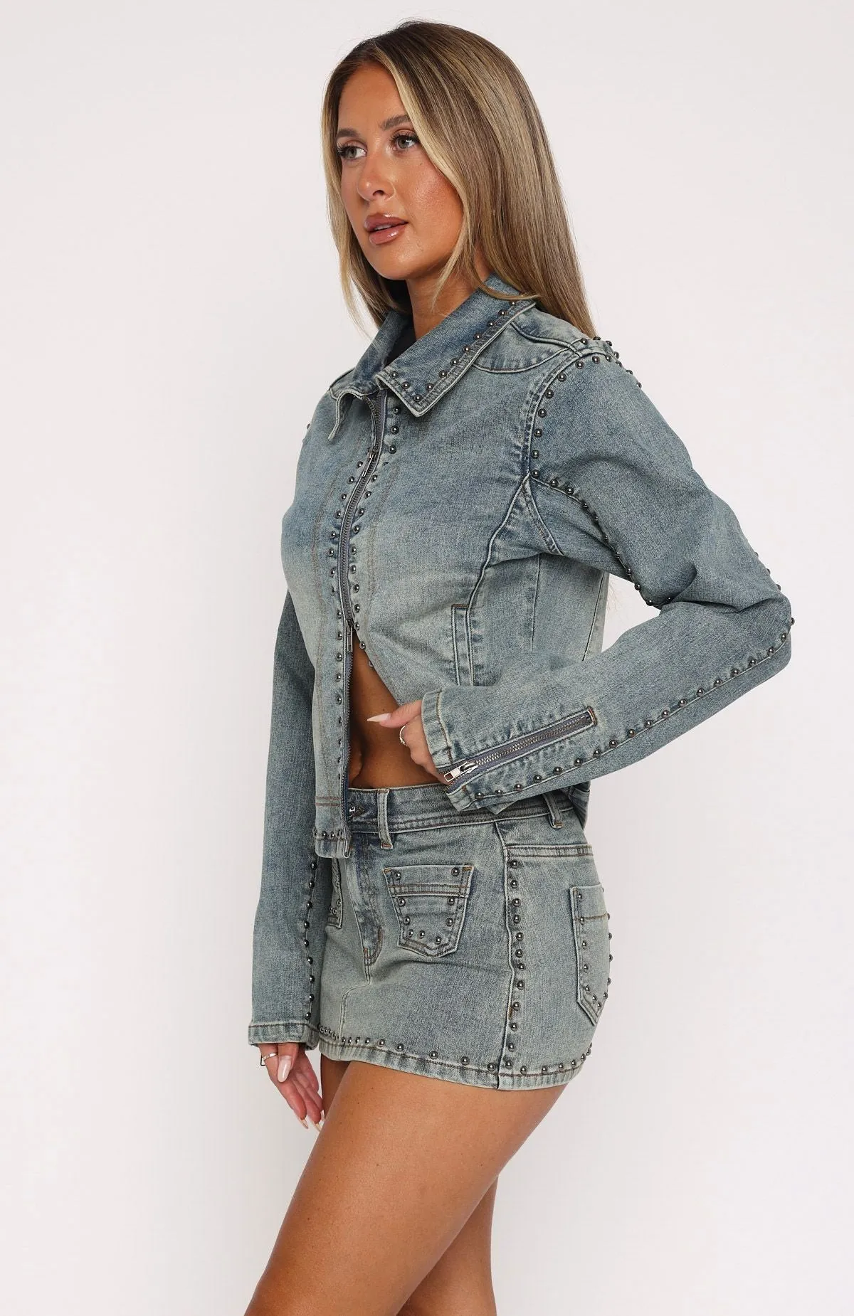 Bold Mood Blake Denim Studded Mini Skirt Brown Blue
