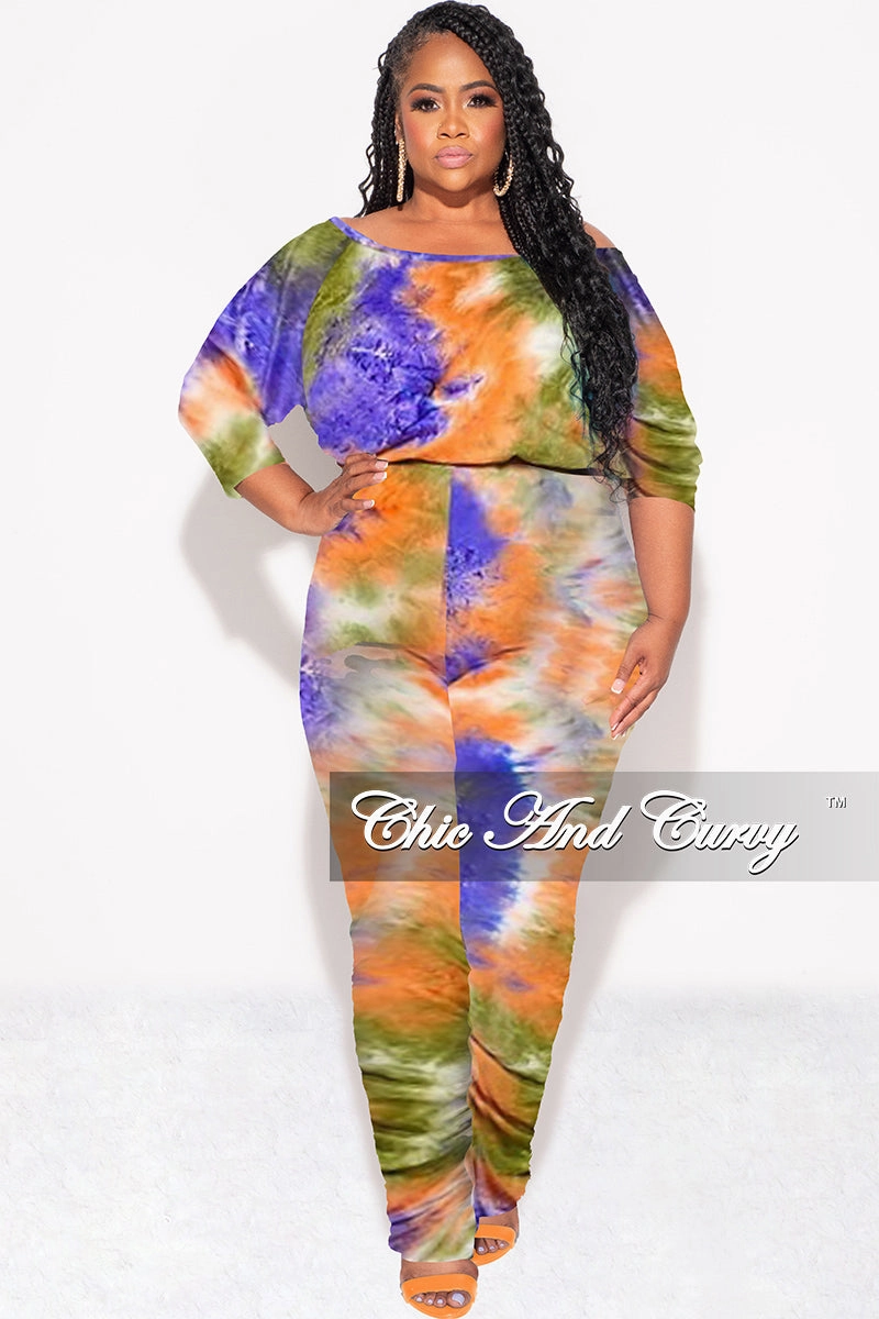 Final Sale Plus Size Jumpsuit with Ruched Legs in Purple, Green, Orange Tie Dye Tear Resistant Adjustable Fit