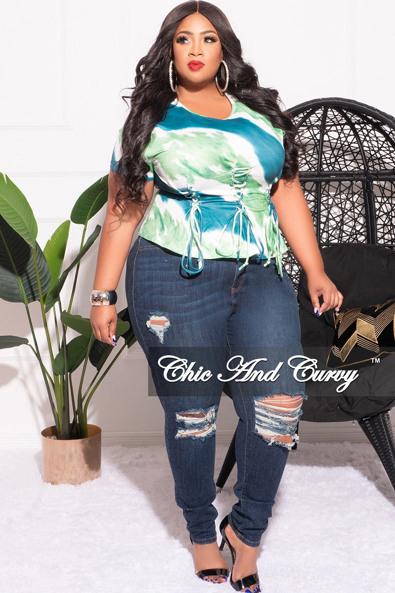 Final Sale Plus Size Lace Up Crop Top in Green White and Teal Tie Dye Print Non Irritating