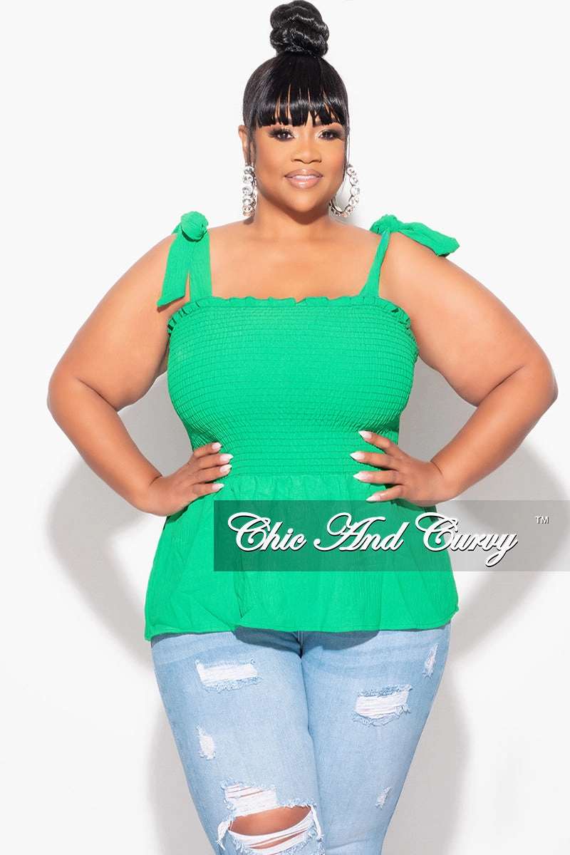 Final Sale Plus Size Smocked Peplum Tank Top in Green Reinforced Seams Weekend Style