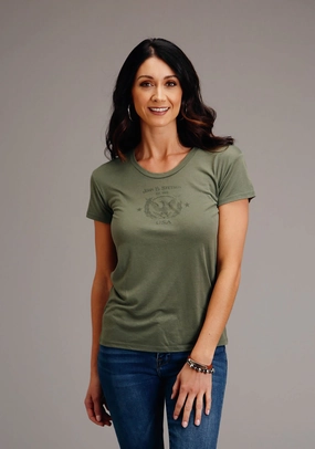 Stetson Womens Army Green Poly/Rayon Eagle Crest S/S T-Shirt Stretchy Cloth Premium Fabric