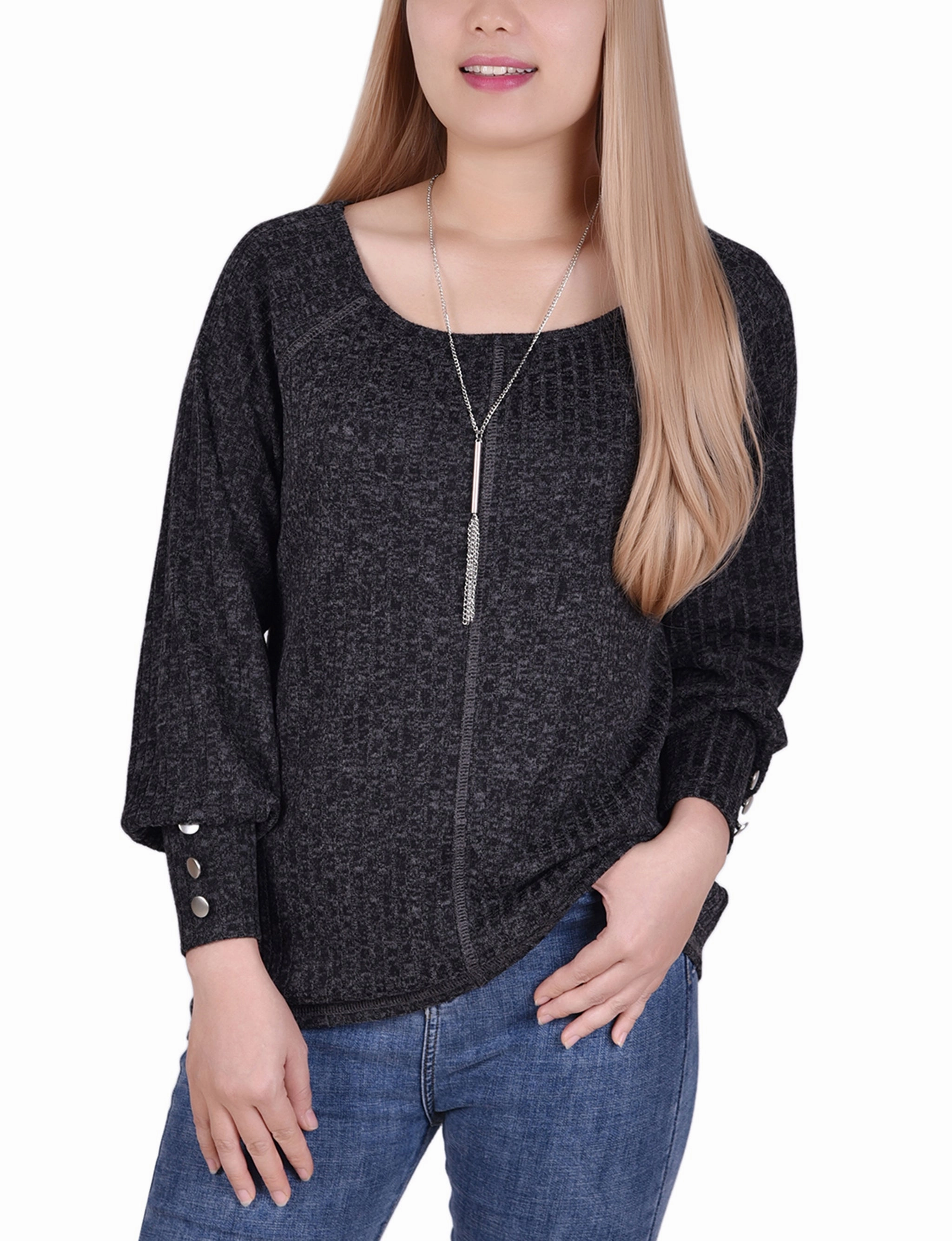 Petite Long Sleeve Ribbed Top With Detachable Necklace Winter Fashion
