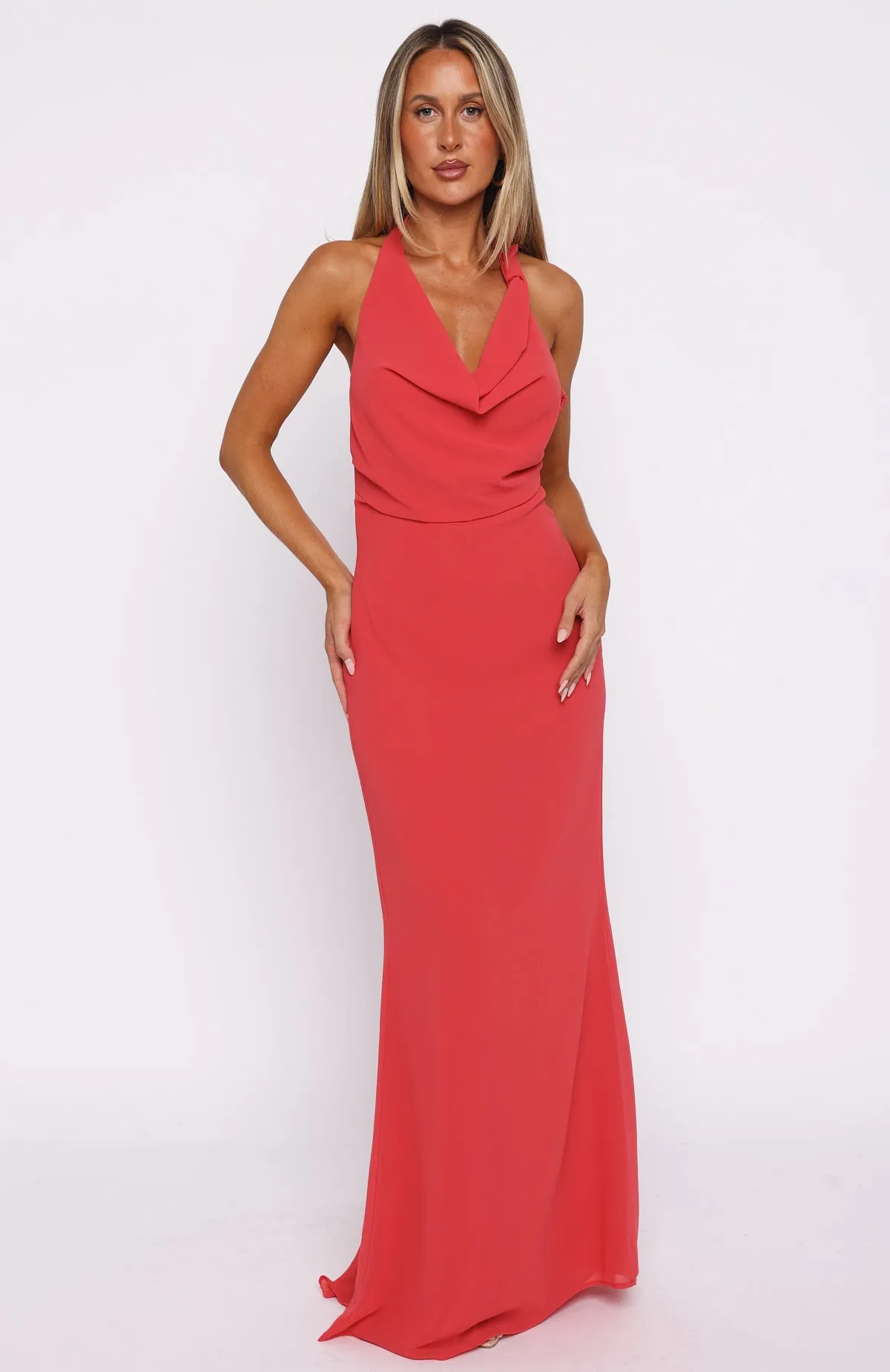 DurableWeave Neutral Tone Stitching Always In Mode Halter Maxi Dress Vivid Red
