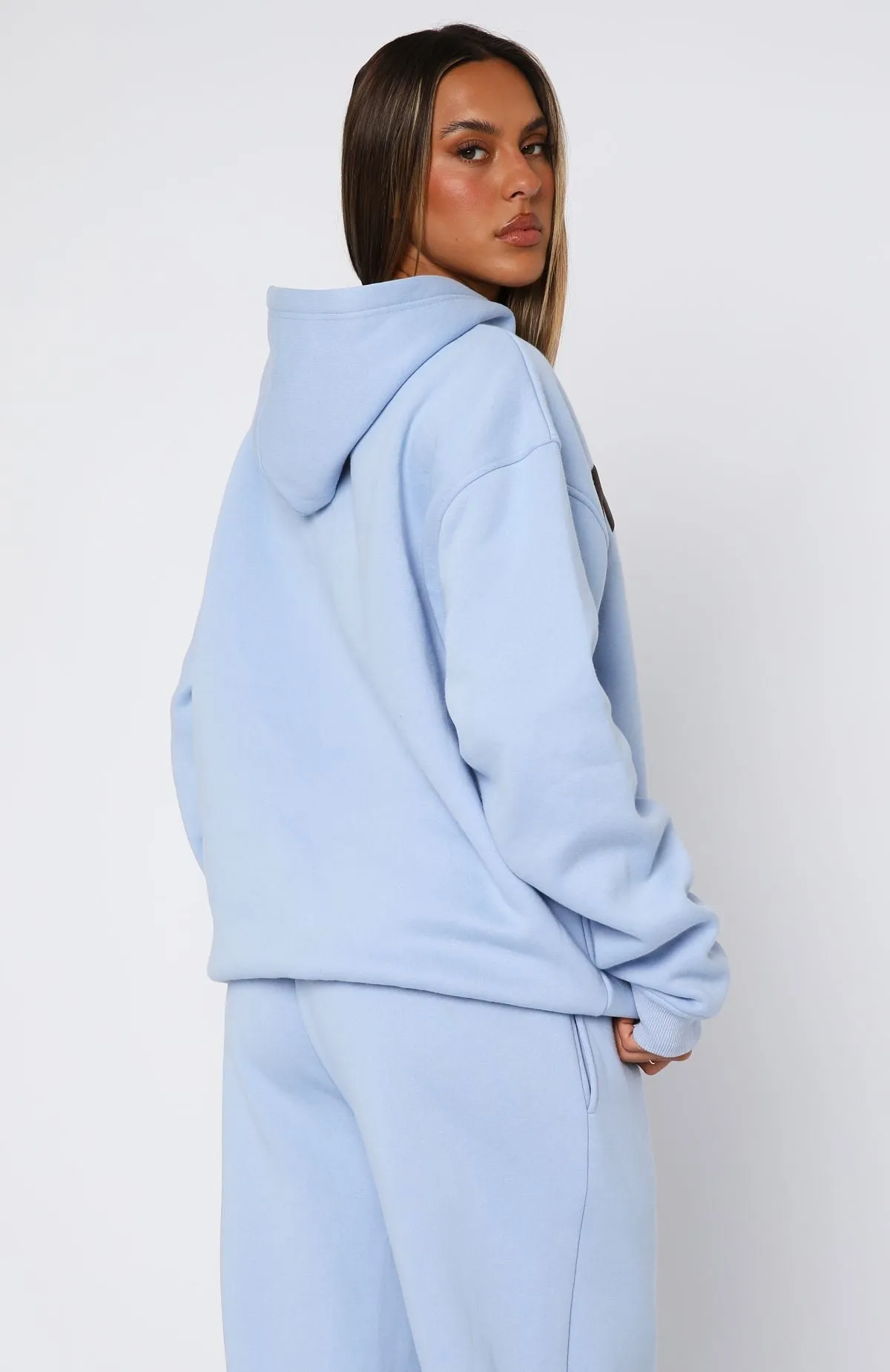From The Archives Allora Oversized Hoodie Blue Polished Feel FrictionReduced Sleeve Construction