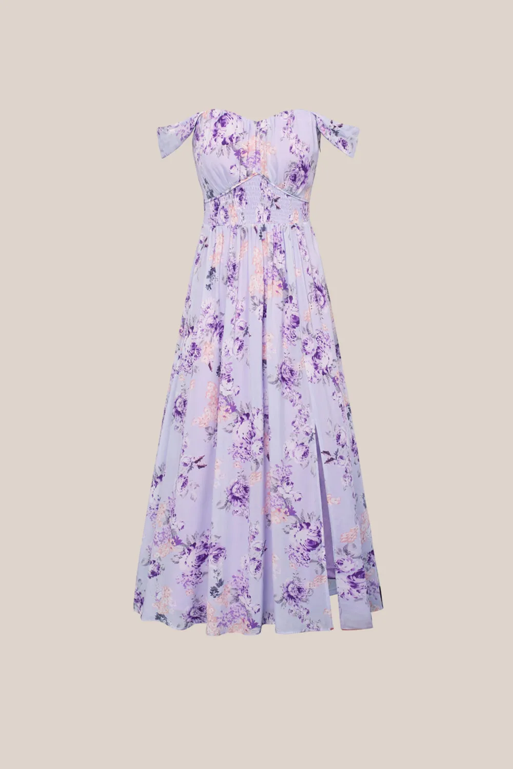Front Slit Off Shoulder Elastic Waist Flared Dress - Purple