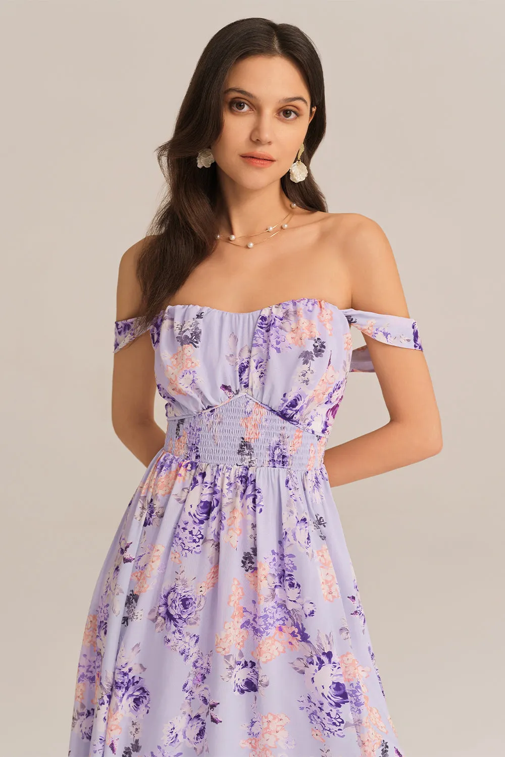 Front Slit Off Shoulder Elastic Waist Flared Dress - Purple