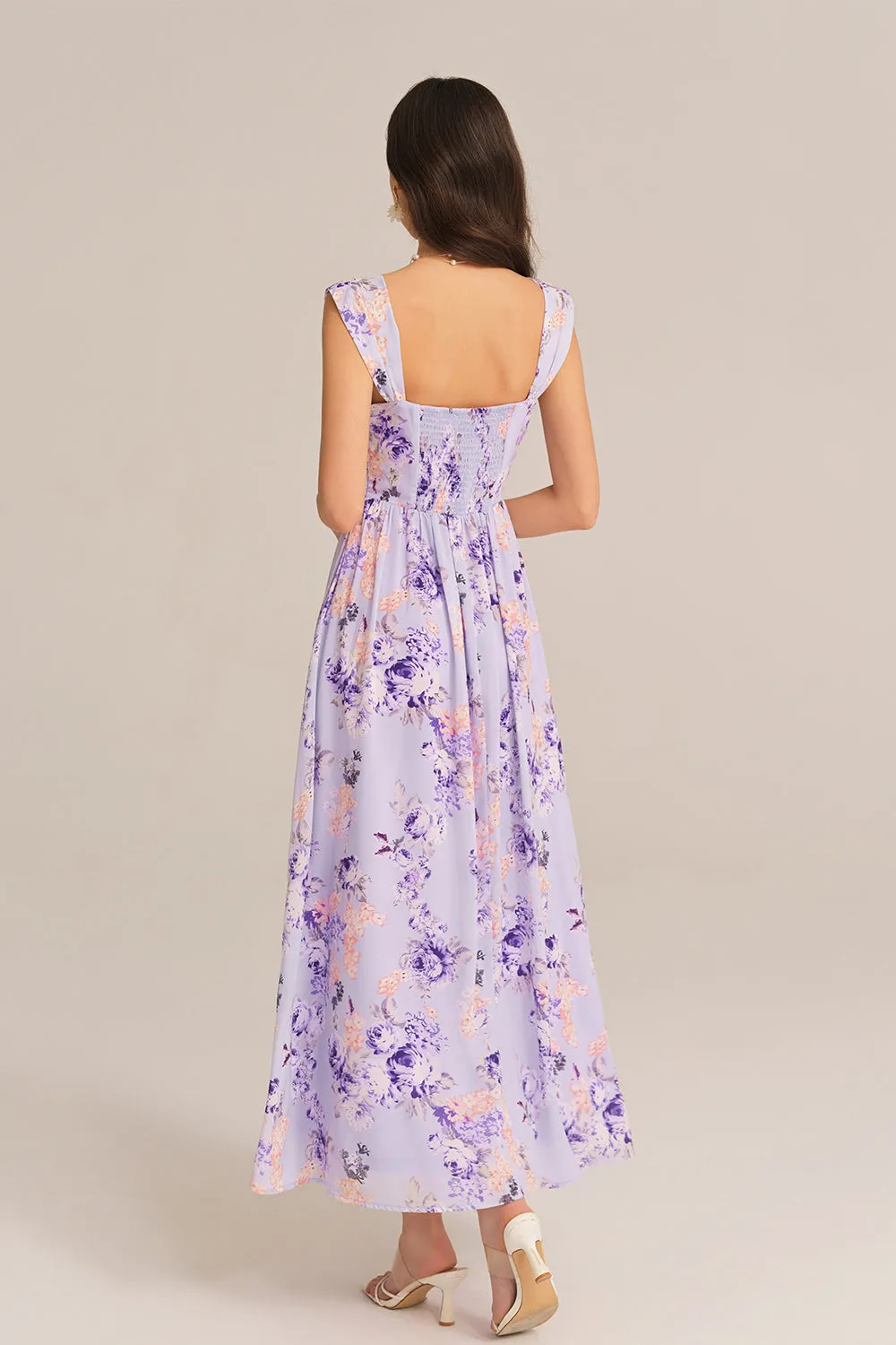 Front Slit Off Shoulder Elastic Waist Flared Dress - Purple