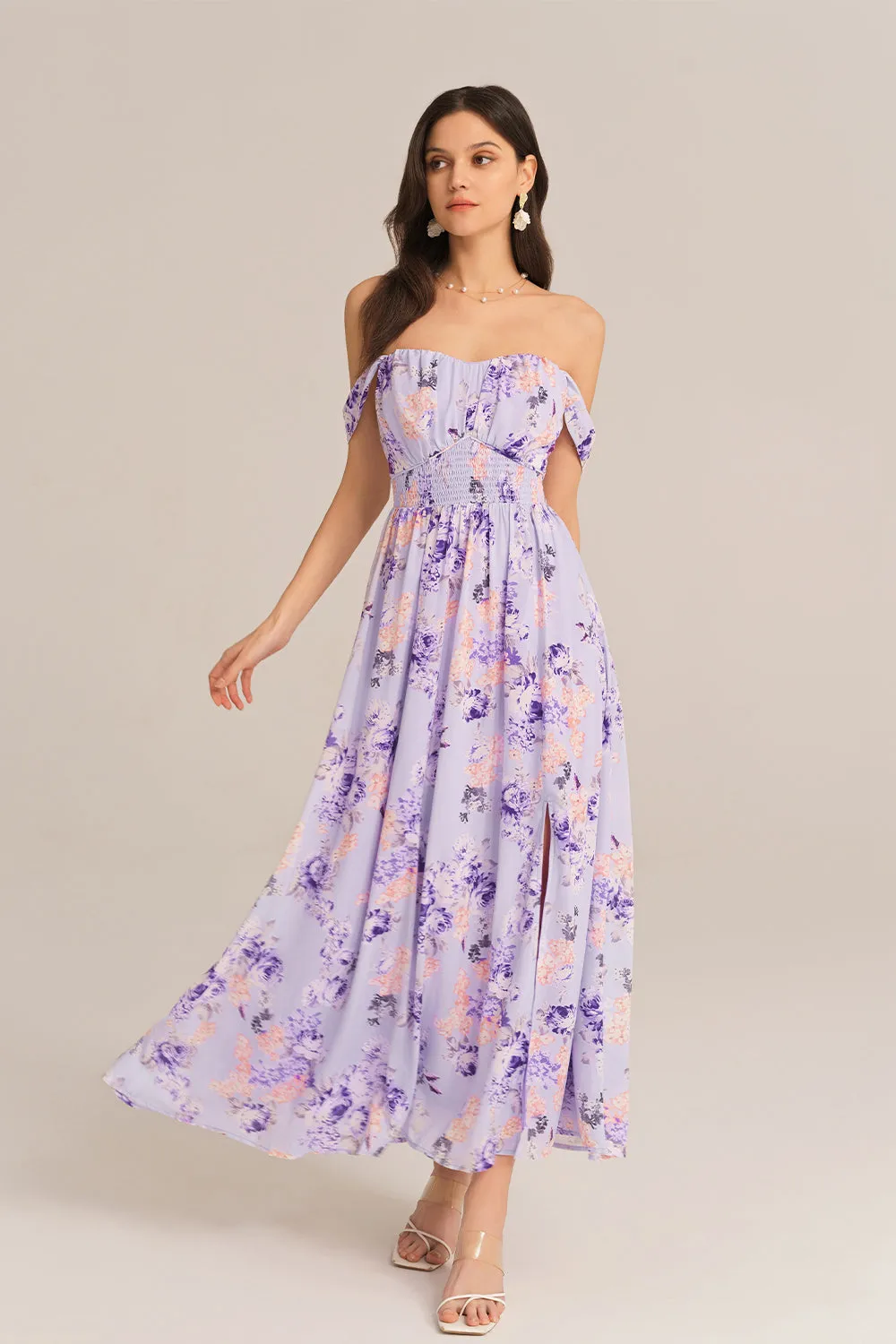 Front Slit Off Shoulder Elastic Waist Flared Dress - Purple