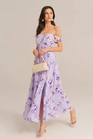 Front Slit Off Shoulder Elastic Waist Flared Dress - Purple