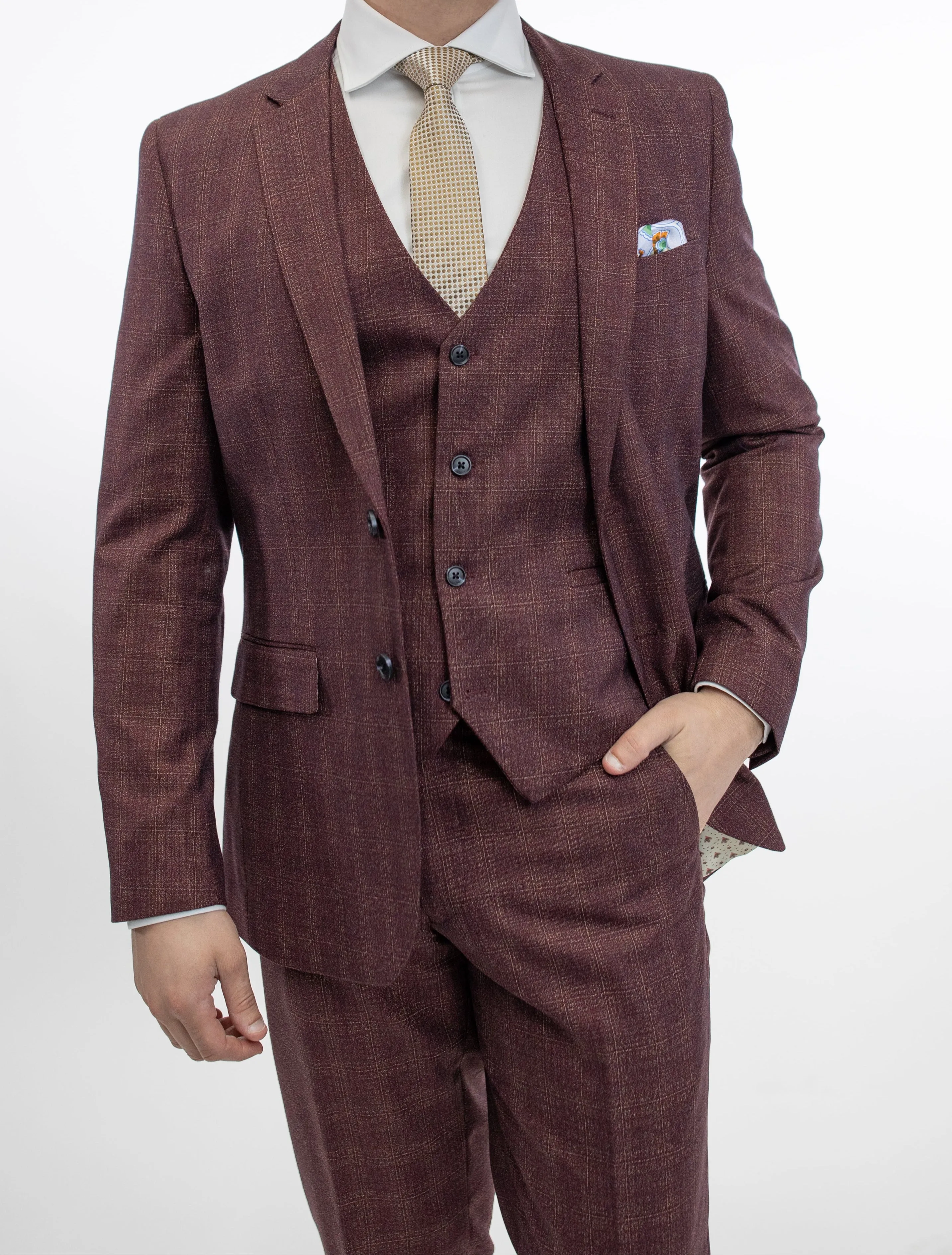 FUBU Burgundy Tartan Vested Suit
