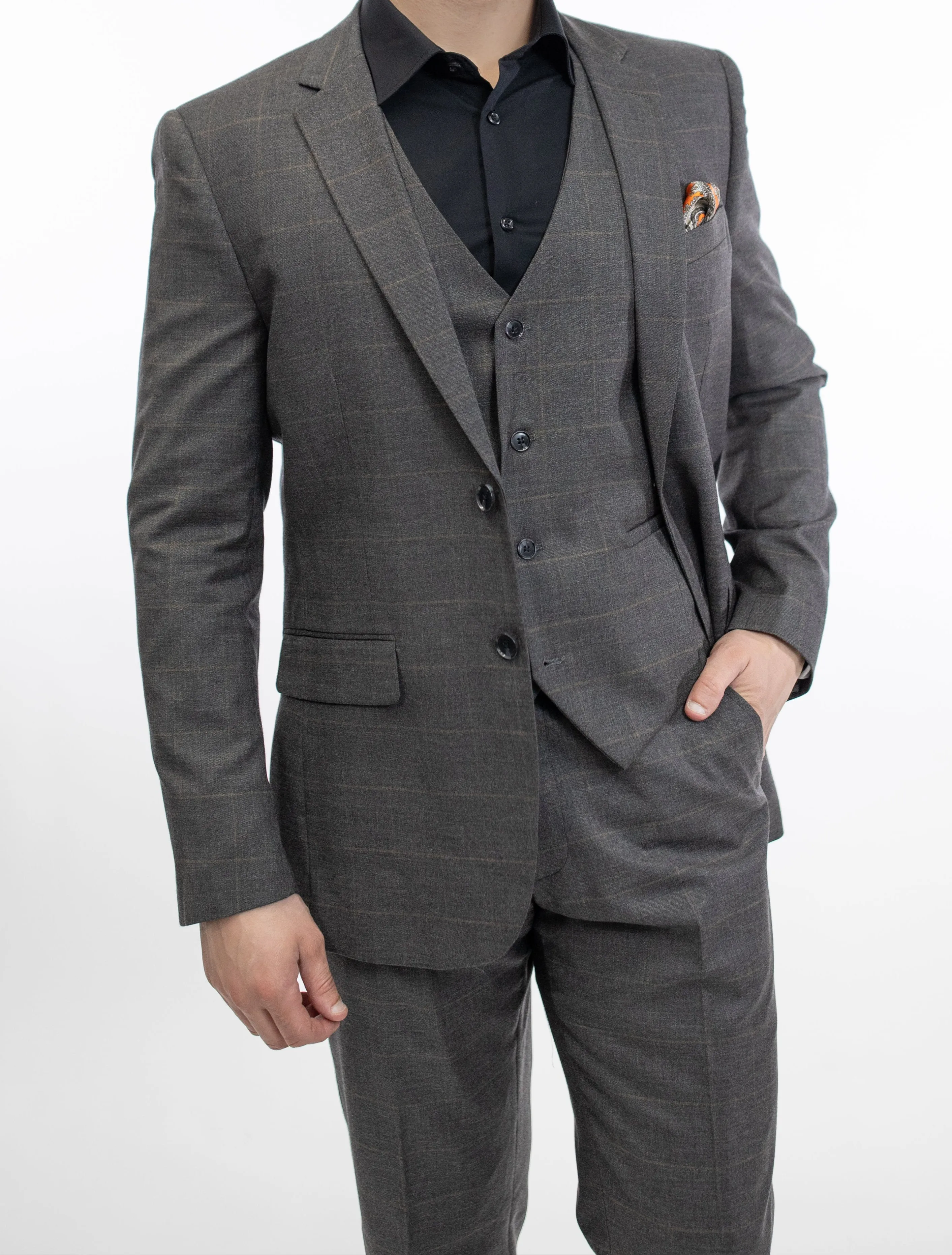 FUBU Charcoal Grey Windowpane Vested Suit