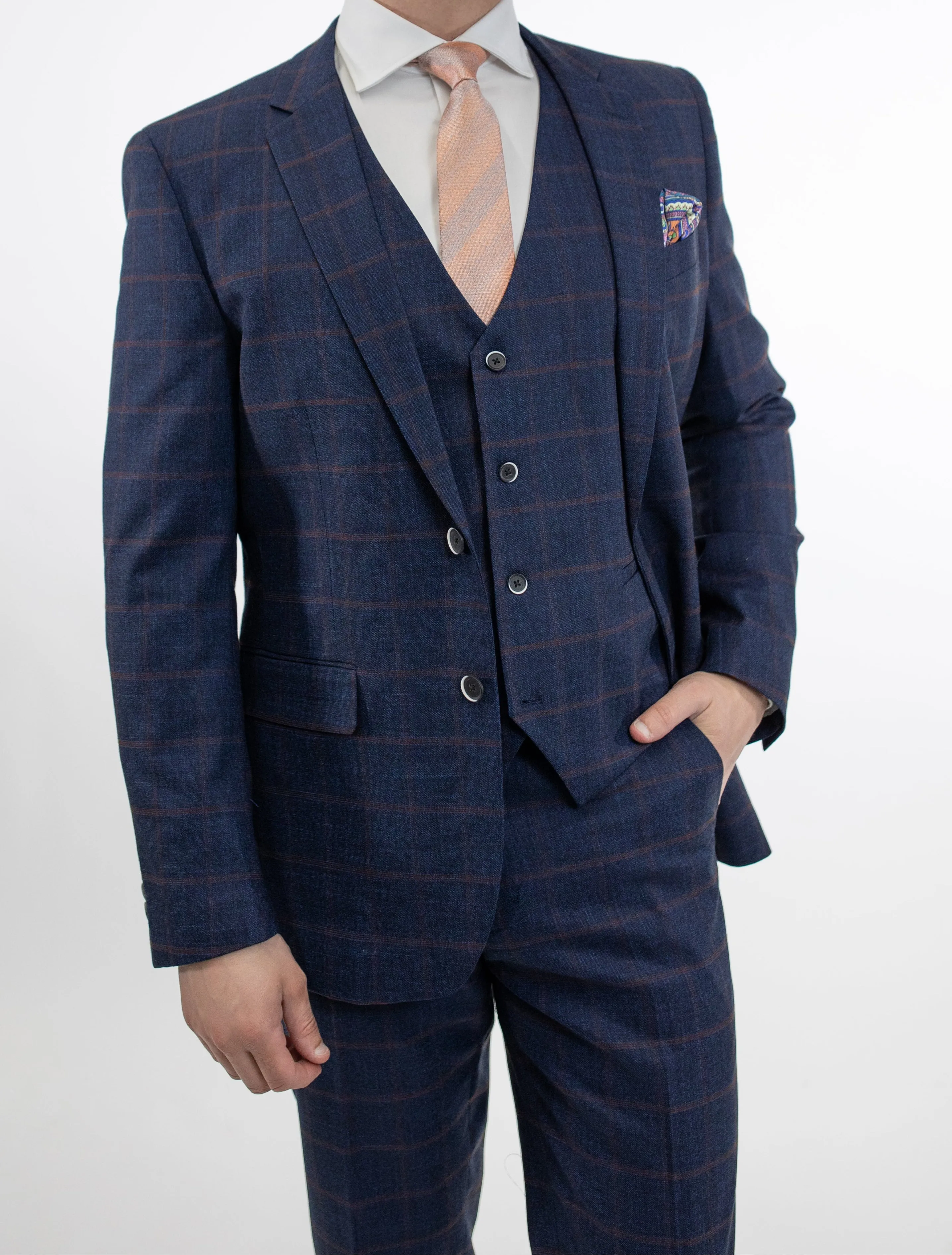 FUBU Dark Blue and Burgundy Windowpane Vested Suit