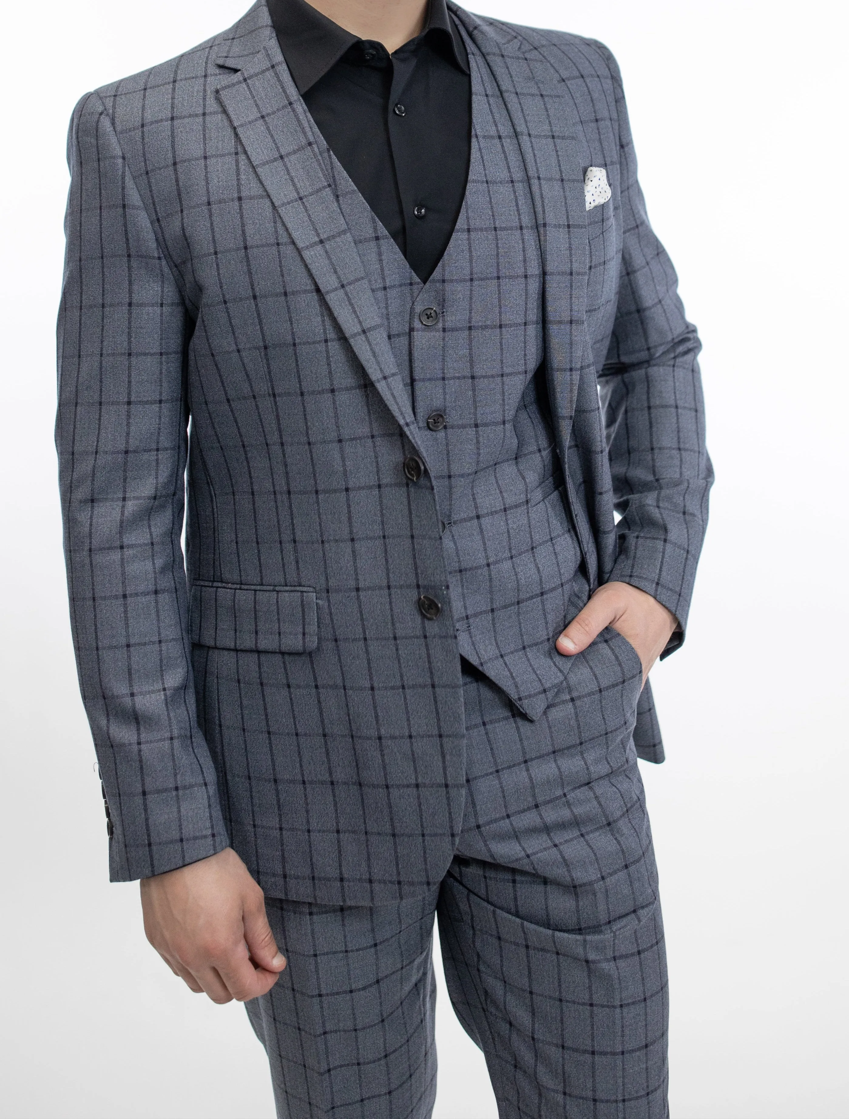 FUBU Grey and Black Windowpane Vested Suit
