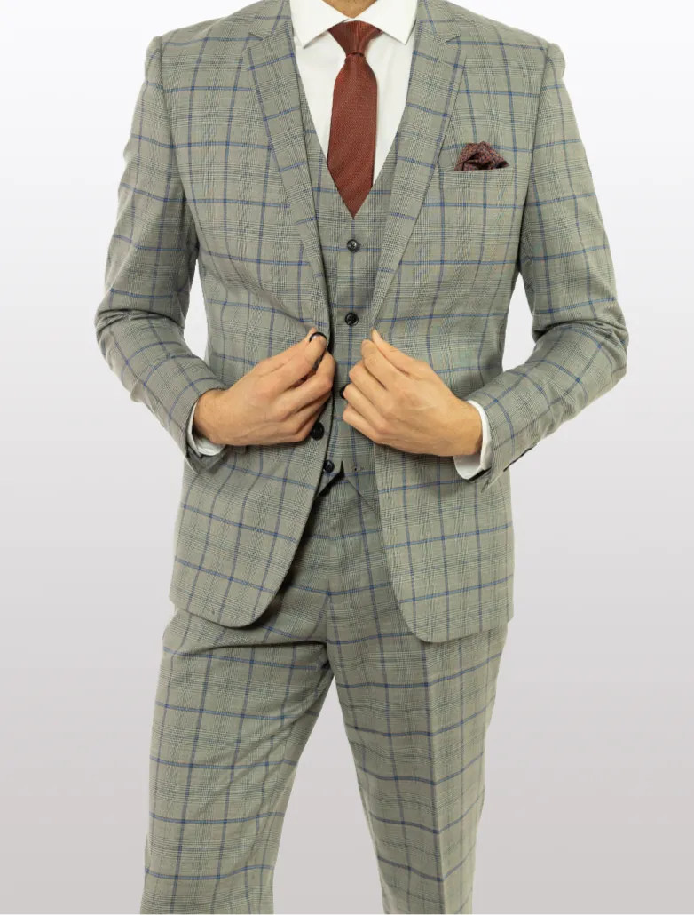 FUBU Grey with Blue Prince of Wales Check Vested Suit