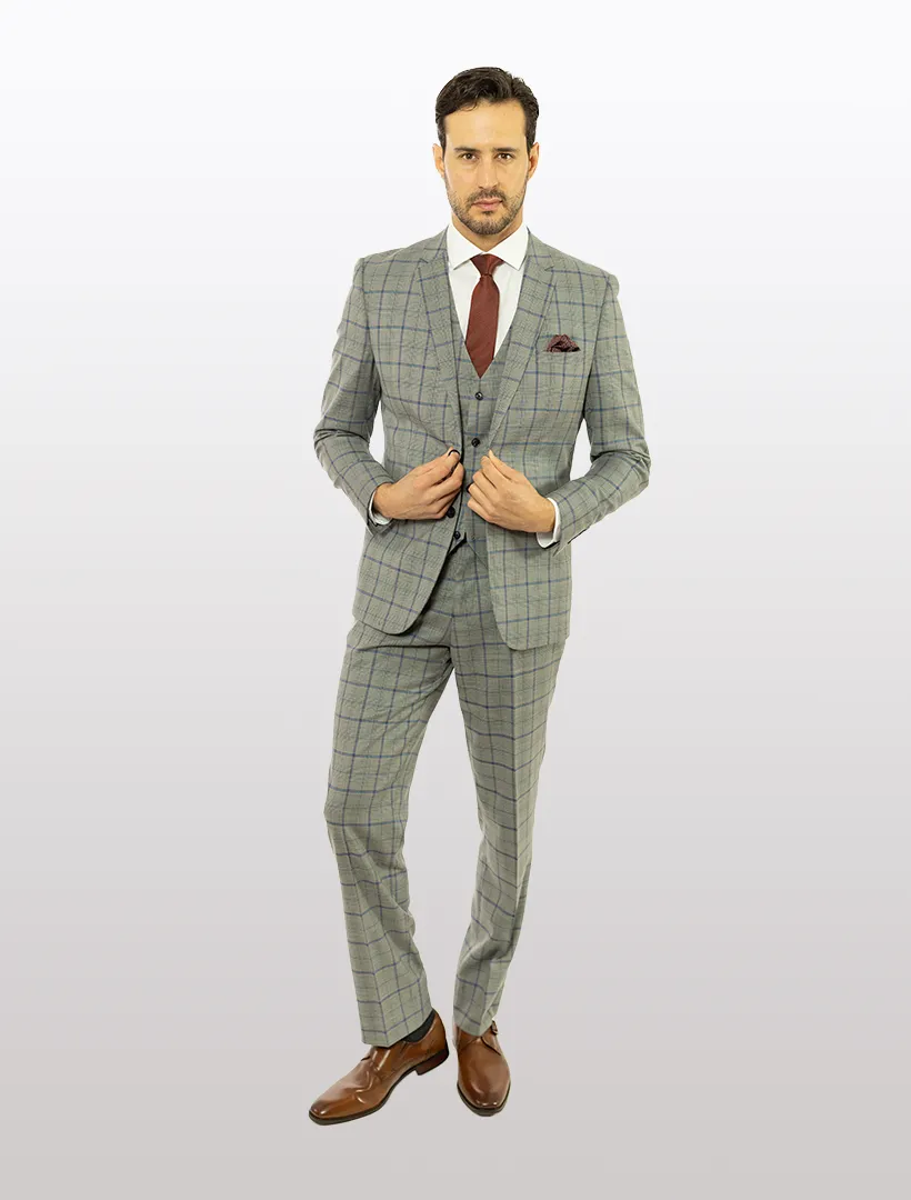 FUBU Grey with Blue Prince of Wales Check Vested Suit
