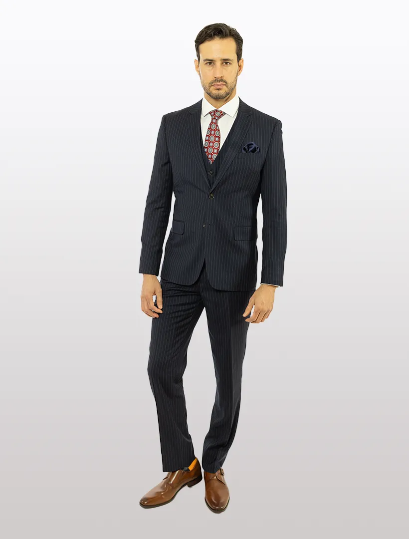 FUBU Navy with White Pinstripe Vested Suit
