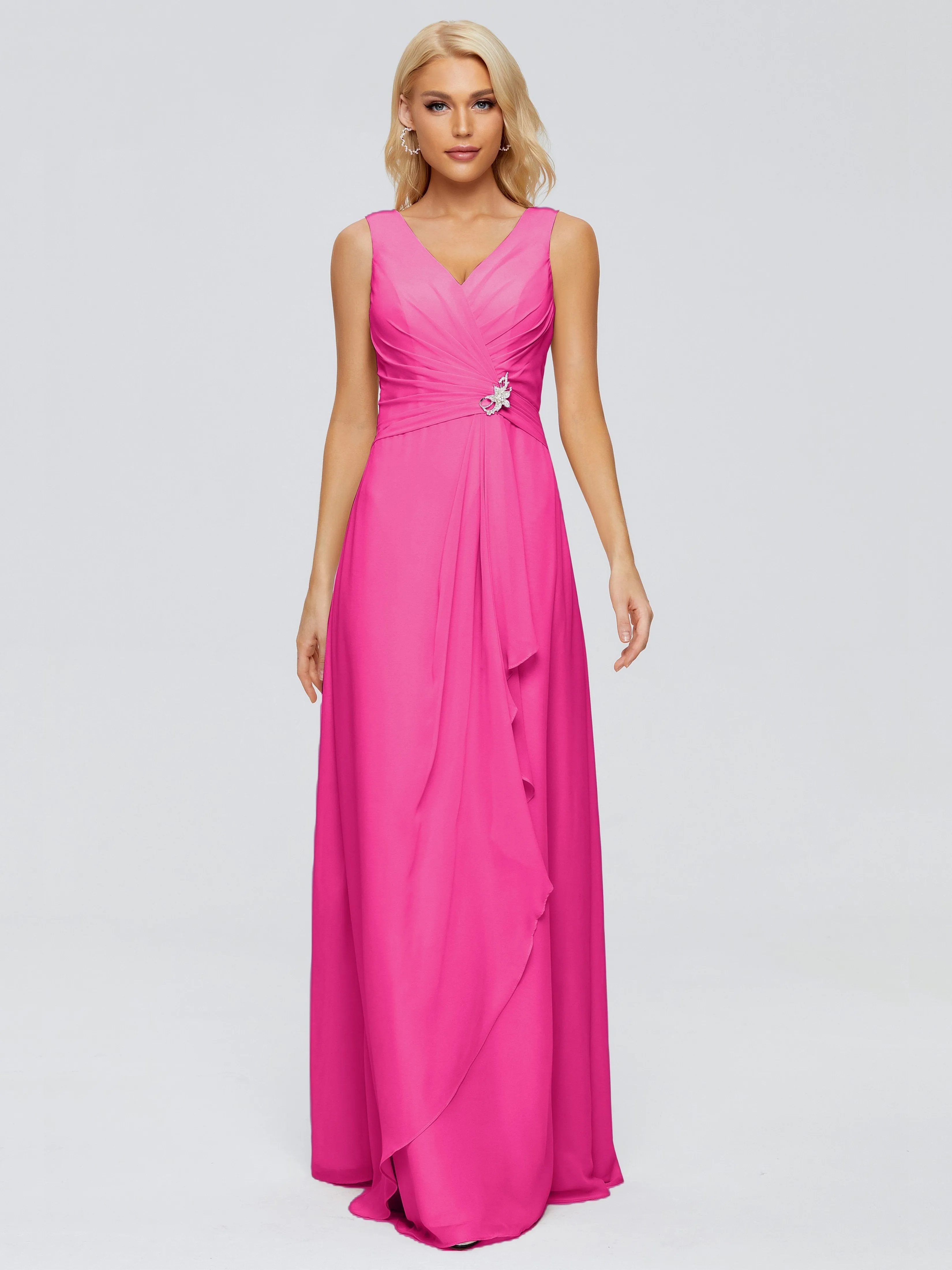 Fuchsia Bridesmaids Dresses Maria Modern Sheath V Neck Chiffon Bridesmaid Dresses