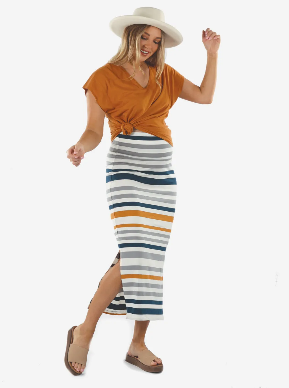 Full Length Maternity Fitted Skirt - Orange and Blue Stripe