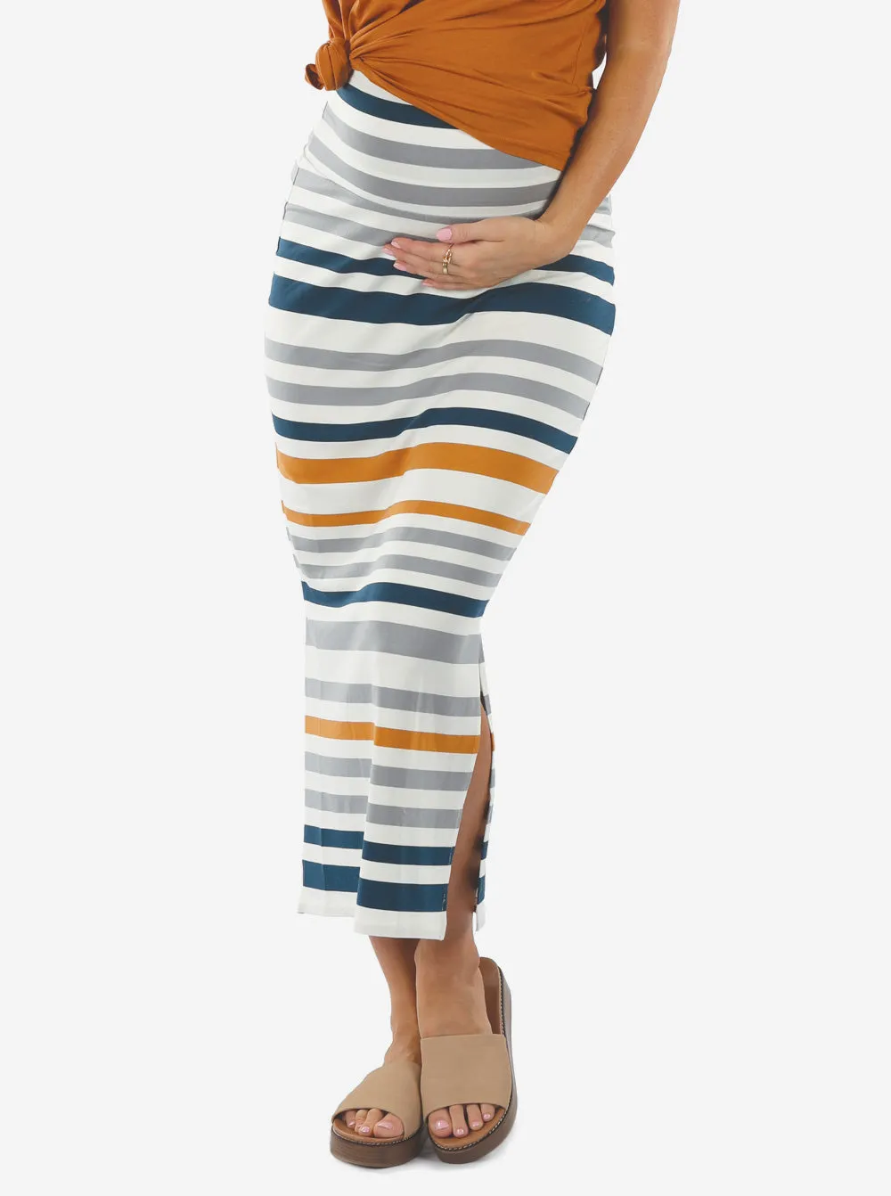 Full Length Maternity Fitted Skirt - Orange and Blue Stripe