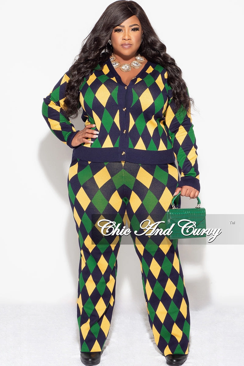 Move Friendly Final Sale Plus Size 2pc Button Up Sweater and Pant Set In Green and Yellow Diamond Print