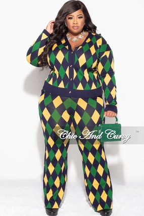 Final Sale Plus Size 2pc Button Up Sweater and Pant Set In Green and Yellow Diamond Print Multi Pocket Design